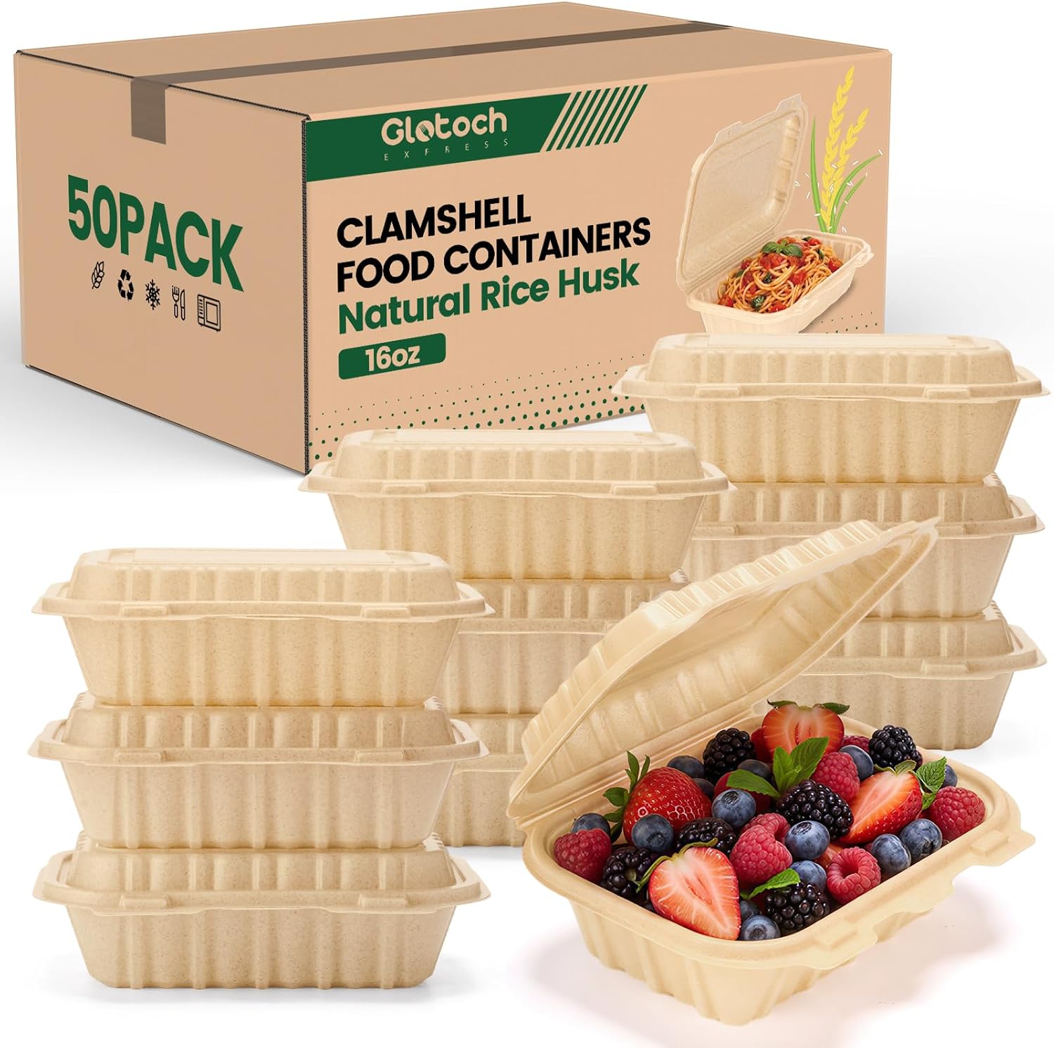 Meal Prep Box - 50er-Pack 16oz Clamshell Take-Away-Behälter, Natürliche Reishülsen-Einwegboxen